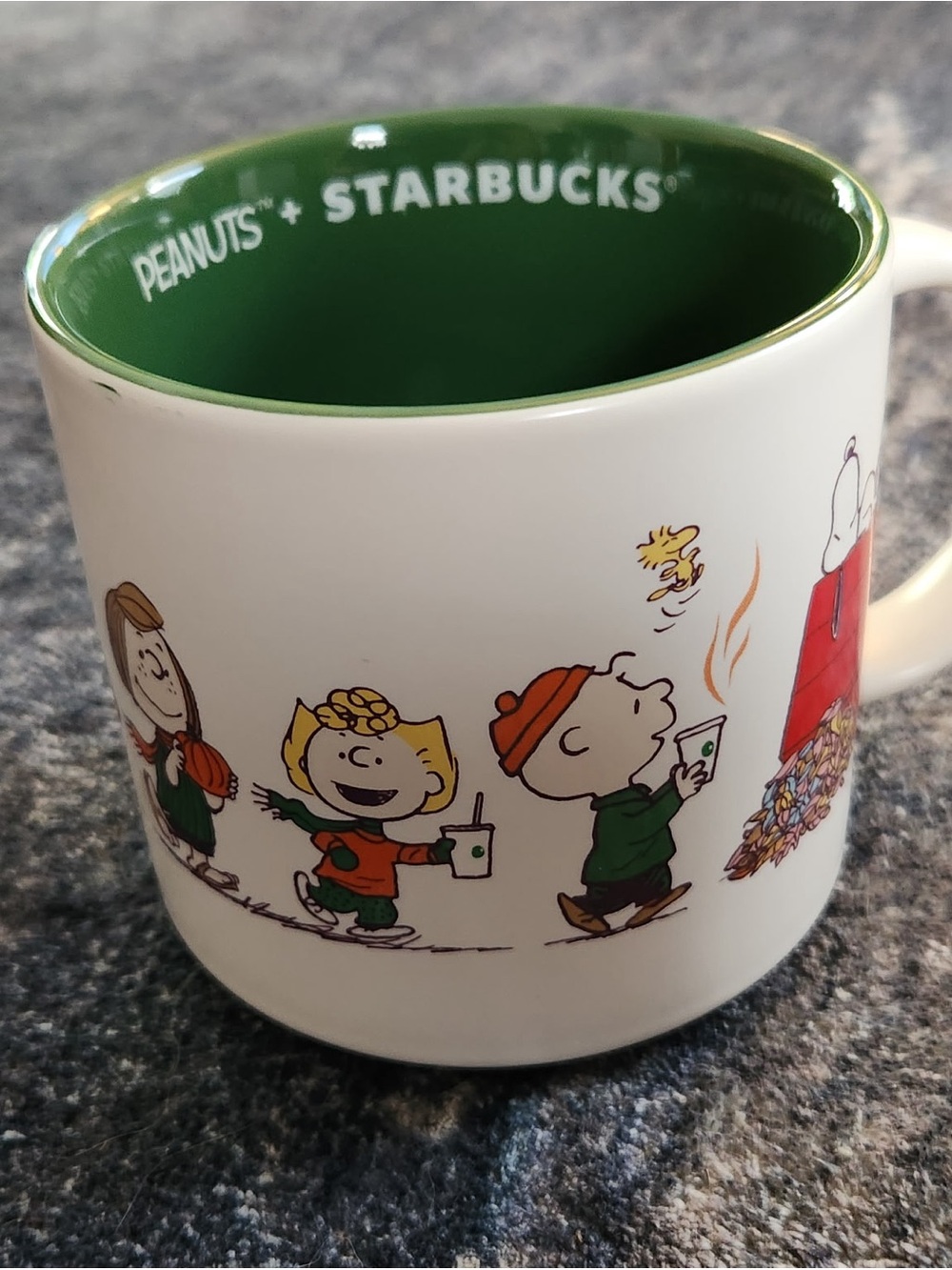 2X Starbucks Peanuts Holiday Character Ceramic Mugs White with Green Interior